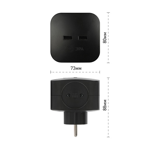 ЭРА Разветвитель электрический SP-4-USB-B на 4 розетки + 2xUSB 2400mA без заземления 10А черный
