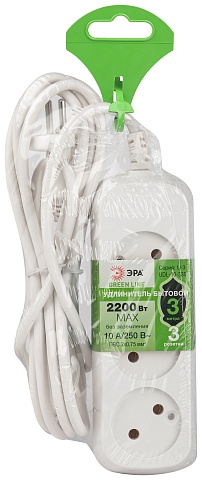 ЭРА Удлинитель электрический UDL-10-330 Greenline 3 розетки без заземления 3м ПВС 2x0.75мм2