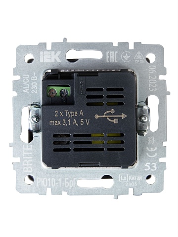IEK BRITE Роз. USB A+A 3,1А РЮ10-1-БрГ граф.