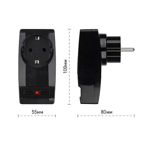 ЭРА Разветвитель электрический SP-1e-USB-B на 1 розетку + 2 USB с заземлением 16А черный