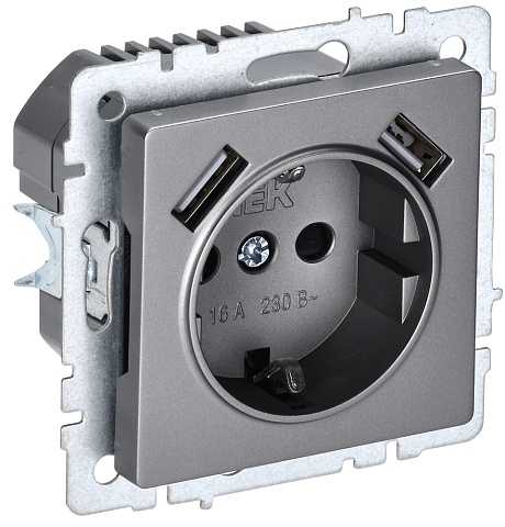 IEK BRITE Роз. с з/к/ш 16А с USB A+A 3,1А РЮш10-2-БрС сталь