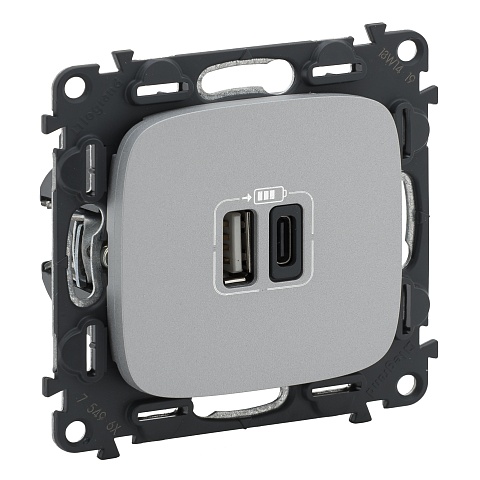 Legrand Valena Allure, алюминий, зарядное устройство с двумя USB разъемами A-C