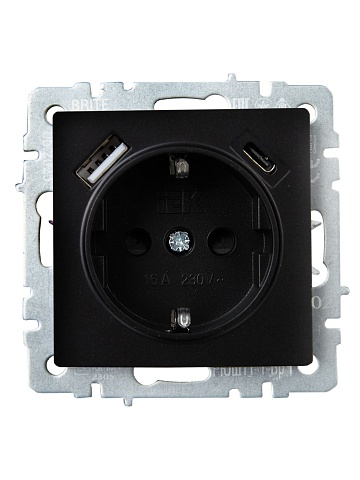 IEK BRITE Роз. с з/к/ш 16А с USB A+C 18Вт РЮш11-1-БрЧ черн.