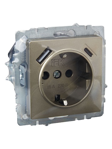 IEK BRITE Роз. с з/к/ш 16А с USB A+C 18Вт РЮш11-1-БрШ шамп.