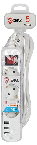 ЭРА Удлинитель электрический U-3es-5m-USB c заземлением с выключателем 3 розетки + 3xUSBA 5м 10А