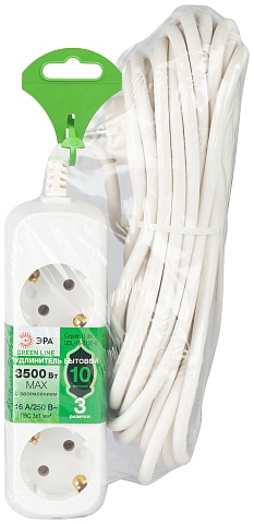 ЭРА Удлинитель электрический UDL-16-3100-E Greenline 3 розетки с заземлением 10м ПВС 3x1мм2