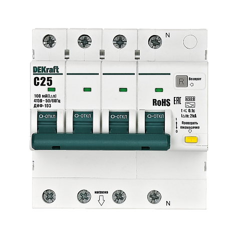 DEKraft АВДТ 3P+N 25А 100мА AC х-ка C ДИФ-103 4.5кА