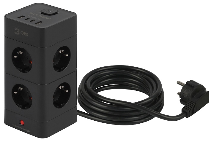 Сетевой фильтр ЭРА TWR-8es-1,5m-4USB-B башня с защитой заземлением с выключателем 8 розеток+4xUSBA+C 1,5м 16А черный