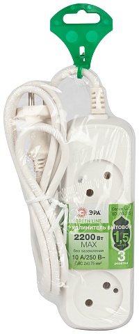 ЭРА Удлинитель электрический UDL-10-315 Greenline 3 розетки без заземления 1,5м ПВС 2x0.75мм2