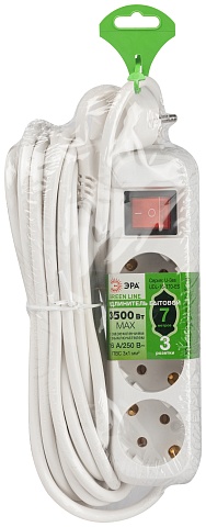 ЭРА Удлинитель электрический UDL-16-370-ES Greenline 3 розетки с заземлением с выключателем 7м ПВС 3x1мм2