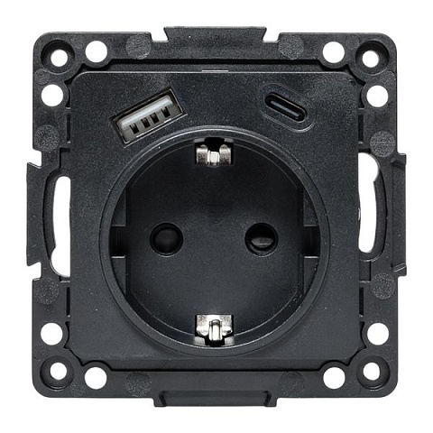 EKF Стокгольм Механизм Розетки 1-местной с/з, USB A+C 16А винтовые клеммы черный с защ. штор..