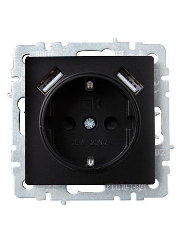 IEK BRITE Роз. с з/к/ш 16А с USB A+A 2,1А РЮш10-1-БрЧ черн.