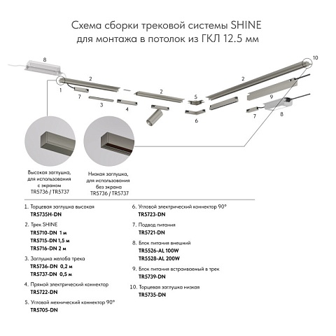 Denkirs TR5702-DN Трек SHINE HIDE для ГКЛ 12,5мм, 2м, 48В DC, IP20, цвет темный никель, алюминий