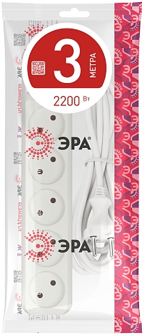 ЭРА Удлинитель электрический  U-5s-3m-2x1 без заземления c выключателем 5 розеток 3м ПВС 2x1мм2 10А