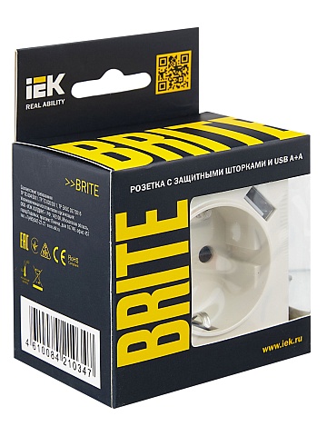 IEK BRITE Роз. с з/к/ш 16А с USB A+A 3,1А РЮш10-2-БрЖ жемч.