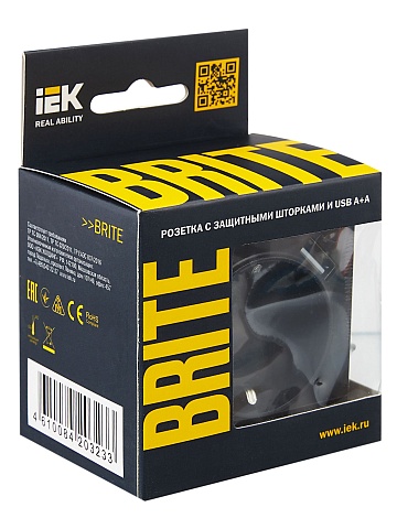 IEK BRITE Роз. с з/к/ш 16А с USB A+A 2,1А РЮш10-1-БрЧ черн.
