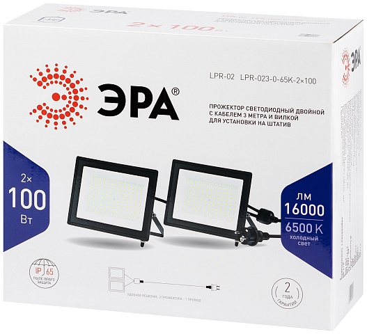 Прожектор светодиодный двойной ЭРА LPR-023-0-65K-2х100 2х100Вт 6500K IP65 3 метра с вилкой