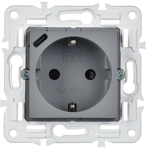 IEK SKANDY Серый Розетка с/з с защитными шторками 16А с USB C 18Вт SK-R17Gr
