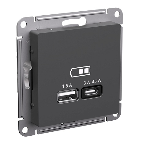 Systeme Electric AtlasDesign Базальт Розетка USB A + тип-C 45Вт высокоскор.заряд. QC, PD, механизм