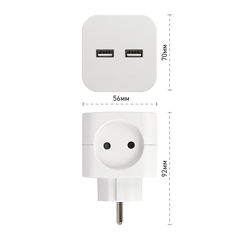 ЭРА Разветвитель электрический SP-2-USB-W на 2 розетки + 2xUSB 2400mA без заземления 10А белый
