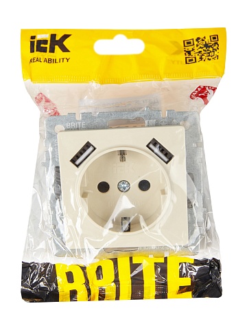 IEK BRITE Роз. с з/к/ш 16А с USB A+A 3,1А РЮш10-2-БрКр беж.