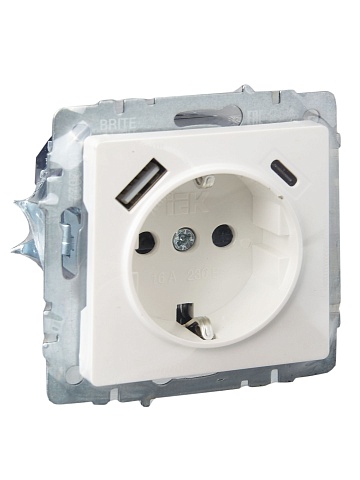 IEK BRITE Роз. с з/к/ш 16А с USB A+C 18Вт РЮш11-1-БрЖ жемч.
