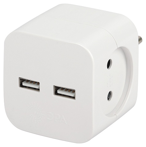 ЭРА Разветвитель электрический SP-2-USB-W на 2 розетки + 2xUSB 2400mA без заземления 10А белый