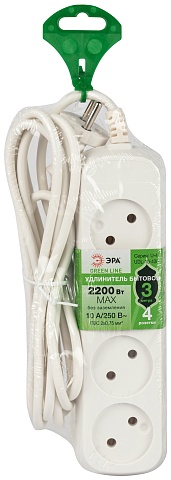 ЭРА Удлинитель электрический UDL-10-430 Greenline 4 розетки без заземления 3м ПВС 2x0.75мм2