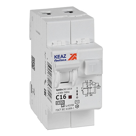 КЭАЗ АВДТ с защитой от сверхтоков OptiDin D63-22C16-AC-У3 (2P, C16, 30mA, 4,5кА)
