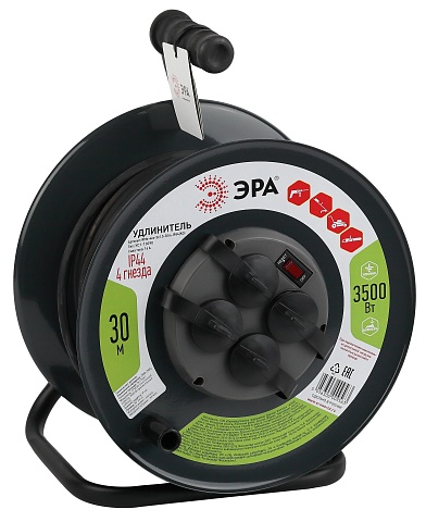 ЭРА Удлинитель силовой RMx-4es-3x1.5-30m-IP44(KG) на металлической катушке c заземлением 4 розетки 30м КГ 3х1.5мм2