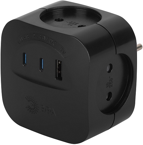 Разветвитель электрический ЭРА SP-4-3USBAC-B на 4 розетки + 3 USB A+C со шторками 10А черный