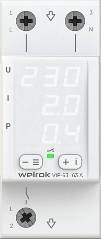 Welrok VIP-63 Реле напряжения с контролем тока 63 А (max 80 A), 13 900 ВА