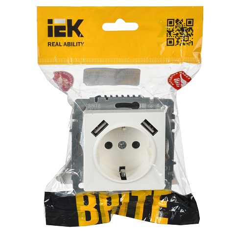 IEK BRITE Роз. с з/к/ш 16А с USB A+A 2,1А РЮш10-1-БрБ бел.