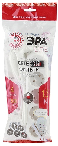 ЭРА Сетевой фильтр  USF-M-4es-1.5m-W с защитой (термо) с заземлением с выключателем 4 розетки 1,5м 10А белый