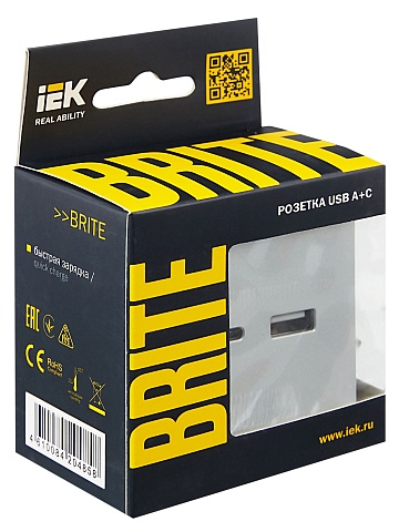 IEK BRITE Роз. USB A+C 18Вт РЮ11-1-БрА алюм.