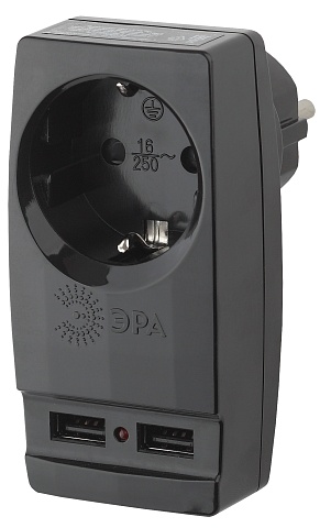 ЭРА Разветвитель электрический SP-1e-USB-B на 1 розетку + 2 USB с заземлением 16А черный