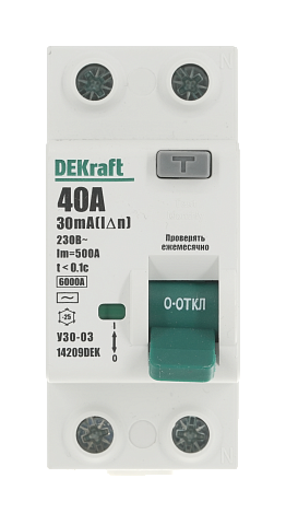 Dekraft Выключатель дифференциального тока (УЗО) 2P 40А 30мА тип AC 6кА УЗО-03