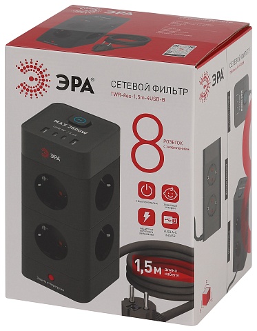 Сетевой фильтр ЭРА TWR-8es-1,5m-4USB-B башня с защитой заземлением с выключателем 8 розеток+4xUSBA+C 1,5м 16А черный