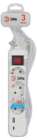 ЭРА Удлинитель электрический UB-3es-3m-USB c заземлением с выключателем 3 розетки + 1xUSBA+1xUSBC 3м 10А