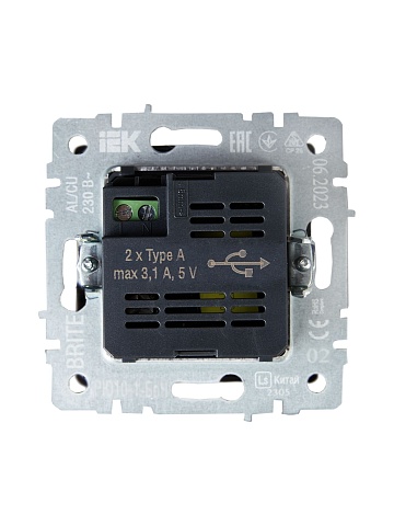 IEK BRITE Роз. USB A+A 3,1А РЮ10-1-БрЧ черн.