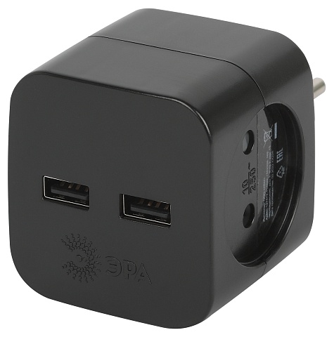 ЭРА Разветвитель электрический SP-2-USB-B на 2 розетки + 2xUSB 2400mA без заземления 10А черный