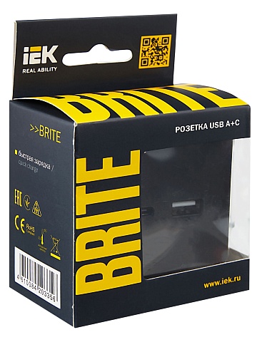 IEK BRITE Роз. USB A+C 18Вт РЮ11-1-БрЧ черн.