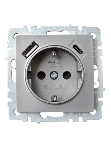 IEK BRITE Роз. с з/к/ш 16А с USB A+C 18Вт РЮш11-1-БрС сталь
