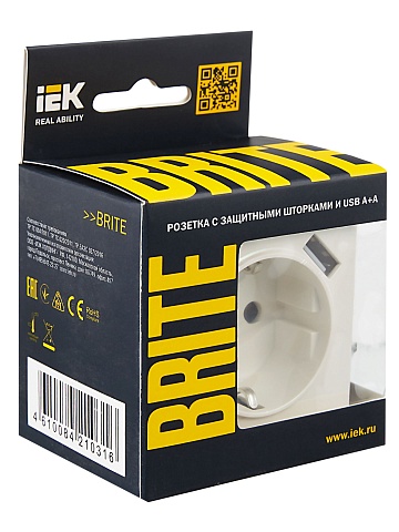 IEK BRITE Роз. с з/к/ш 16А с USB A+A 2,1А РЮш10-1-БрЖ жемч.