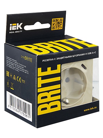 IEK BRITE Роз. с з/к/ш 16А с USB A+C 18Вт РЮш11-1-БрКр беж.