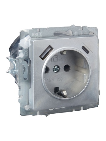 IEK BRITE Роз. с з/к/ш 16А с USB A+C 18Вт РЮш11-1-БрА алюм.
