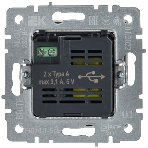 IEK BRITE Роз. USB A+A 3,1А РЮ10-1-БрБ бел.