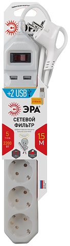 ЭРА Сетевой фильтр  USF-5es-1.5m-USB-W с базовой защитой с заземлением с выключателем 5 розеток 1,5м 2хUSB 10А белый