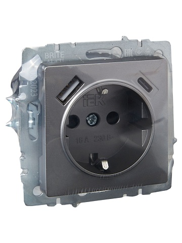 IEK BRITE Роз. с з/к/ш 16А с USB A+C 18Вт РЮш11-1-БрС сталь