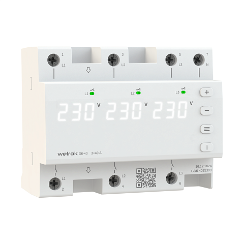 Welrok D6-40 Реле напряжения 3 х 40 А (max 3 х 50 A) 3 х 9 200 ВА